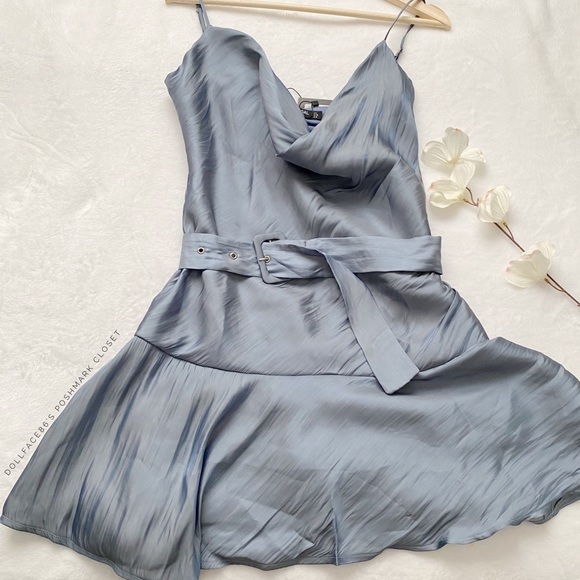 NWT Nasty Gal Belted Shimmery Mini Dress with a Frill Hem - Picture 3 of 13